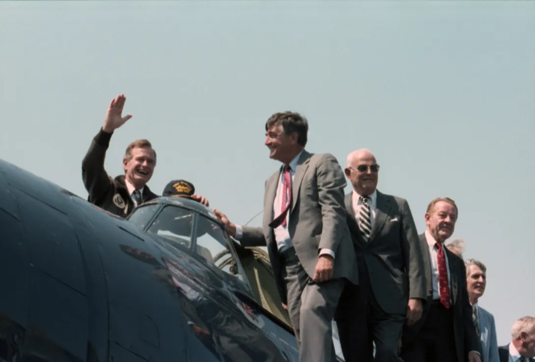 Vice President George Bush on the 40th Anniversary of the day he was shot down while flying a TBF Avenger in the Pacific during World War II.  Vice President Bush and fellow veterans of VT-51, crewmen of the USS San Jacinto, and fellow World War II vet...