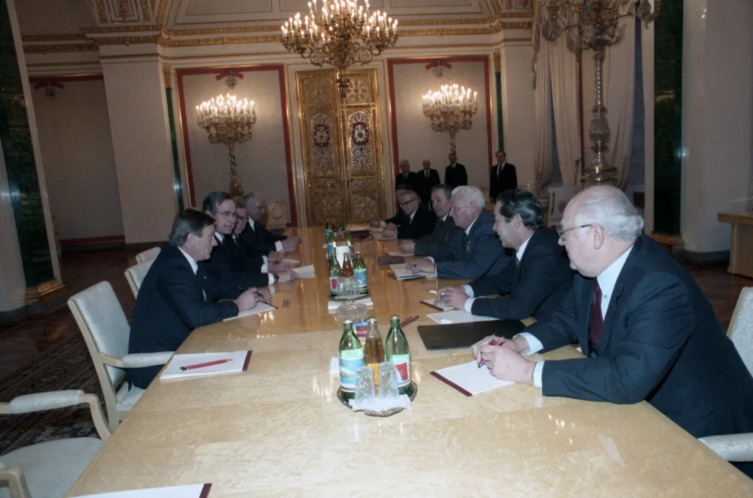 Vice President Bush, Senator Howard Baker, and U.S. Ambassador to the Soviet Union Arthur A. Hartman meet with General Secretary of the Central Committee of the Communist Party of the Soviet Union, Konstantin Chernenko, in Moscow following the funeral ...