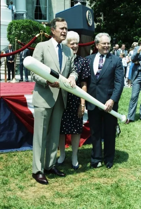 President Bush and Barbara Bush participate in ceremony to celebrate 50th anniversary of Little League (Big Bat)
