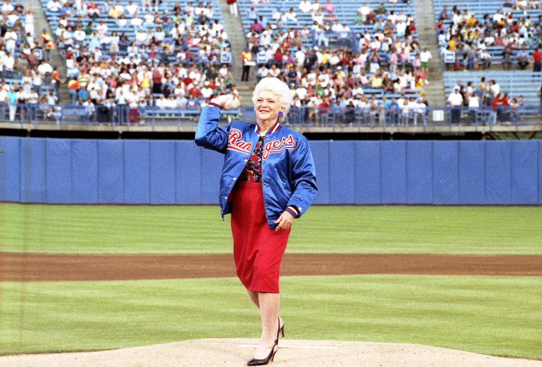 First Lady Barbara Bush Throws the Ceremonial First Pitch of a Texas Rangers Baseball Game, Dallas, TX
