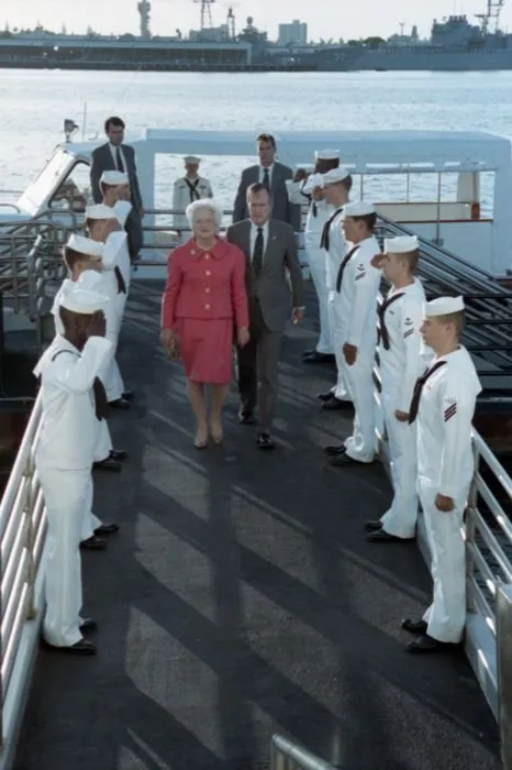 President and Mrs. Bush arrive at the USS Arizona Memorial for a ceremony commemorating the 50th anniversary of the Japanese attack on Pearl Harbor.