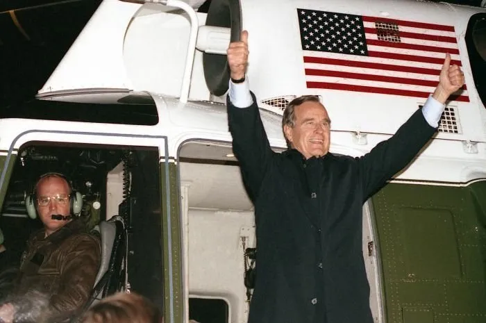 President Bush arrives at Morris County, New Jersey Airport via Marine One for a campaign rally