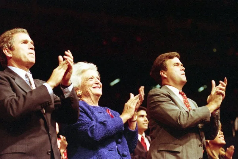 Barbara Bush sits with George W. and Jeb as President Bush delivers acceptance Speech to Republican National Convention