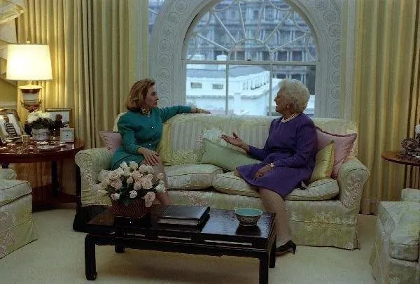 Mrs Bush hosts Hillary Clinton at the White House after the election