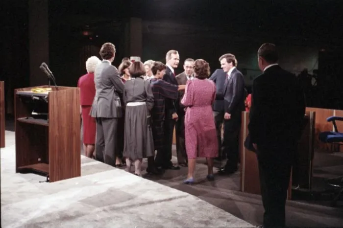 Vice President Bush, Vice Presidential Candidate Geraldine Ferraro, and their families greet each other following the 1984 Vice Presidential Debate in Philadelphia, Pennsylvania