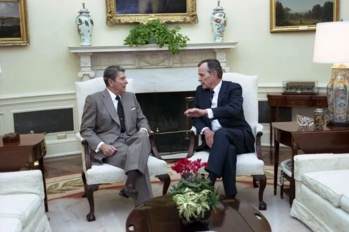 President-elect Bush visits President Reagan at the White House the day after the election