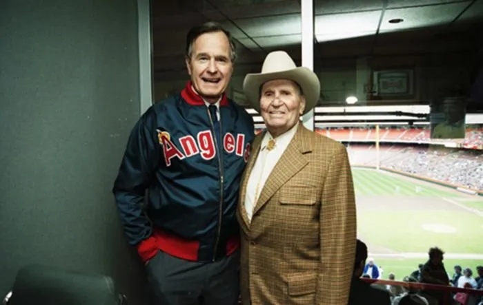 President Bush greets Gene Autry before a game between the Baltimore Orioles and the California Angels