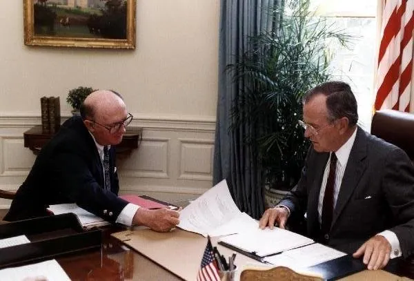 President Bush Reviews Documents with Marlin Fitzwater