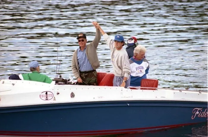 President Bush fishing from Fidelity with Mrs. Bush, Marvin, and General Scowcroft