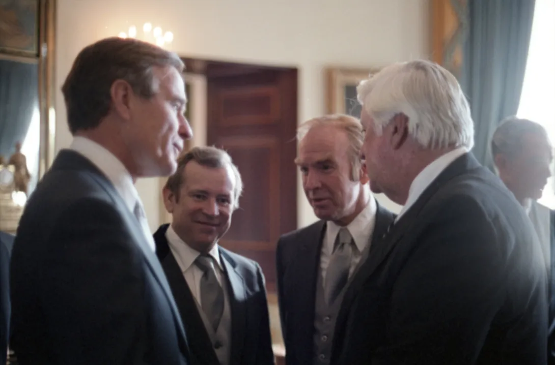 Vice President-Elect George Bush at an Inaugural Day coffee with Howard Baker, Jim Wright, and Speaker of the House Tip O'Neal