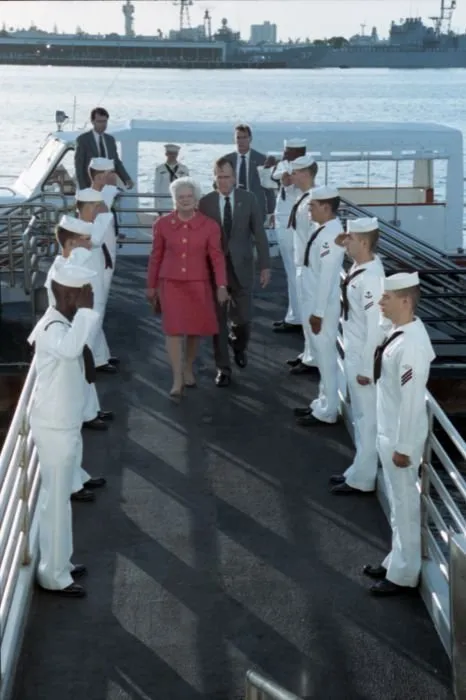 President and Mrs. Bush arrive at the USS Arizona Memorial for a ceremony commemorating the 50th anniversary of the Japanese attack on Pearl Harbor.
