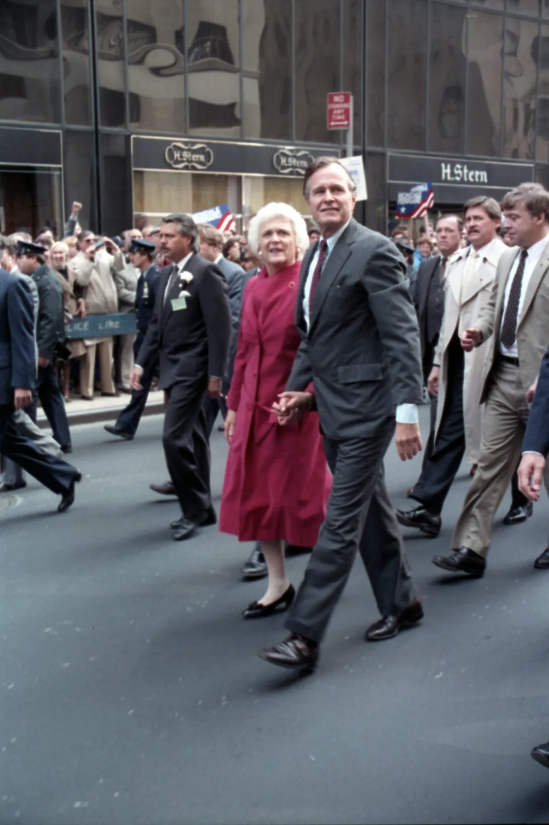Vice President Bush and Mrs. Bush take part in the Columbus Day Parade in New York, New York.