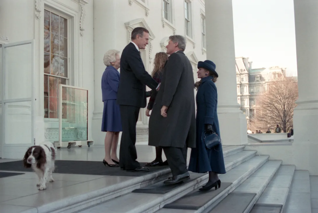 President Bush shakes hands with President Elect Clinton on the steps of the White House