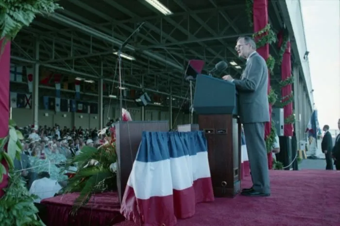 President Bush addresses Pearl Harbor Survivors and World War Two veterans at Pearl Harbor Naval Base Kilo 8 Pier during a ceremony commemorating the 50th anniversary of the Japanese attack on Pearl Harbor.