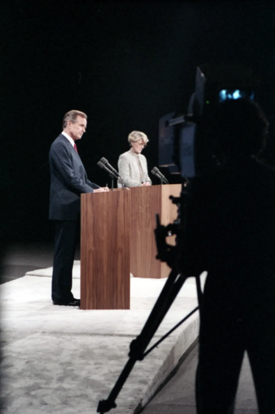 Vice President Bush and New York Congresswoman Geraldine Ferraro engage in the 1984 Vice Presidential Debate in Philadelphia, Pennsylvania