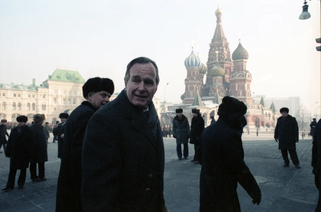 Vice President Bush in Red Square during his visit to Moscow for the funeral of the Chairman of the Presidium of the Supreme Soviet of the Soviet Union, Yuri Andropov.  St. Basil's Cathedral is visible in the background