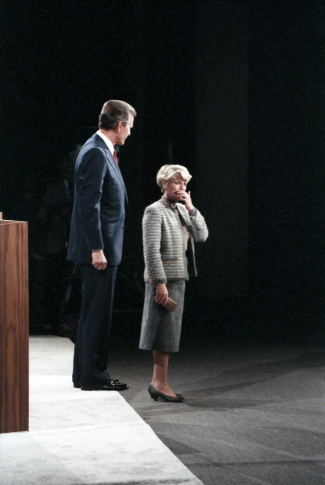 Vice President Bush and New York Congresswoman Geraldine Ferraro exit the stage after engaging each other in the 1984 Vice Presidential Debate in Philadelphia, Pennsylvania