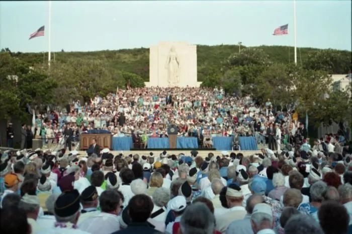President Bush gives addresses the crowd at a ceremony commemorating the 50th anniversary of the attack on Pearl Harbor held at the National Memorial Cemetery of the Pacific.