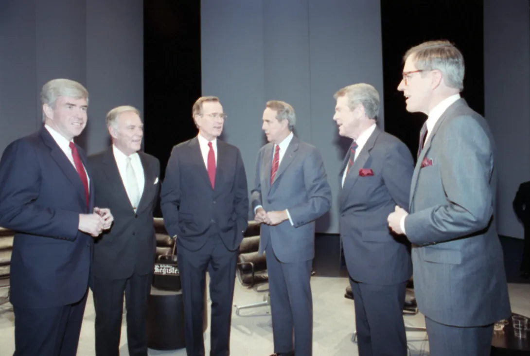 Republican Presidential Primary candidates (L to R) Congressman Jack Kemp, Secretary Alexander Haig, Vice President George Bush, Senator Bob Dole, Reverend Pat Robertson, and Governor Pete DuPont pose for a photo before the debate in Des Moines, IA