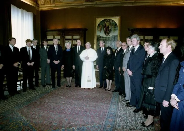 Vice President Bush, Mrs. Bush ad their traveling group meet with Pope John II in the Vatican, Rome, Italy