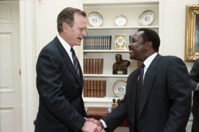 President Bush meets with Joe Morgan in the Oval Office