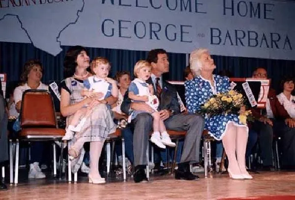 George W. Bush with his wife Laura, twin daughters Barbara and Jenna, and mother Barbara Bush at a Reagan/Bush rally in Midland, Texas