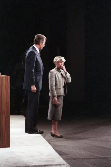 Vice President Bush and New York Congresswoman Geraldine Ferraro exit the stage after engaging each other in the 1984 Vice Presidential Debate in Philadelphia, Pennsylvania