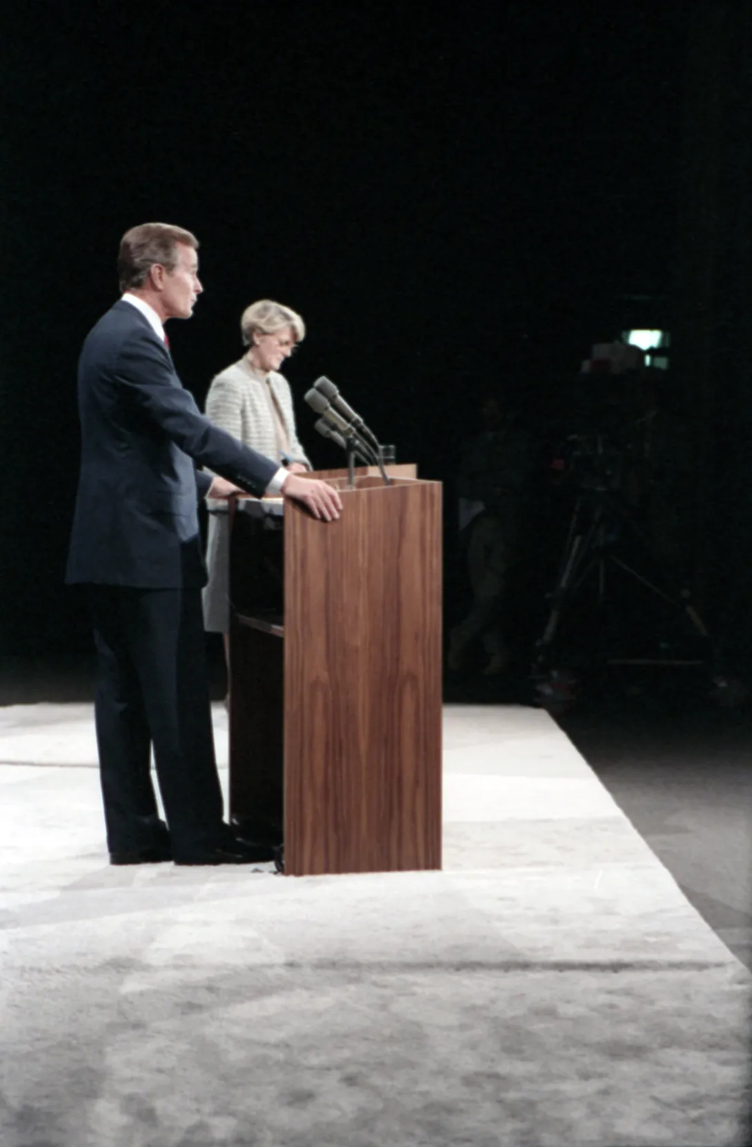 Vice President Bush and New York Congresswoman Geraldine Ferraro engage in the 1984 Vice Presidential Debate in Philadelphia, Pennsylvania