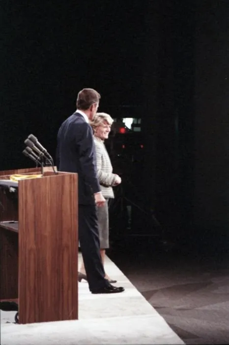 Vice President Bush and New York Congresswoman Geraldine Ferraro exit the stage after engaging each other in the 1984 Vice Presidential Debate in Philadelphia, Pennsylvania