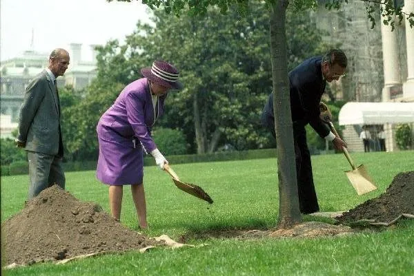 President Bush and Queen Elizabeth plant a tree