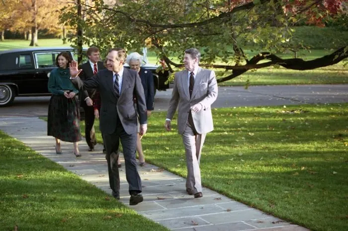 President-elect and Mrs. Bush and Vice President-elect and Mrs. Quayle visit President Reagan at the White House the day after the election