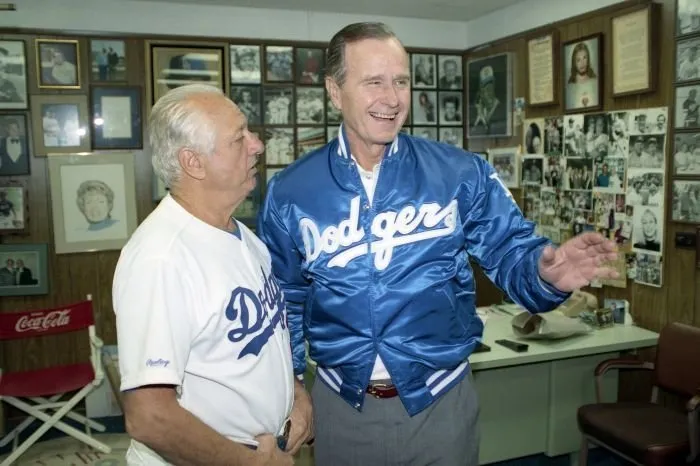 President Bush attends La Dodgers game and meets with Tommy Lasorda