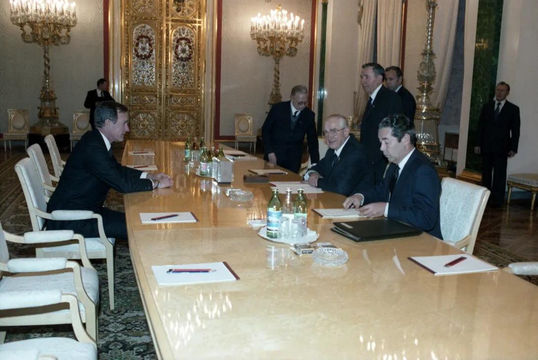 Vice President George Bush and Secretary of State George Shultz hold meetings with new Soviet Leader Yuri Andropov, and Soviet Foreign Minister Andrei Gromkyo at the Kremlin Palace while in Moscow for the funeral of Soviet Leader Leonid Brezhnev