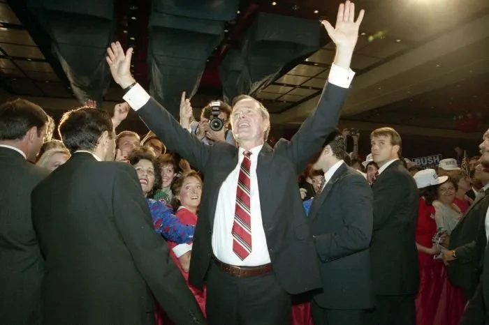 Vice President Bush celebrates his win of the Presidential election with his supporters
