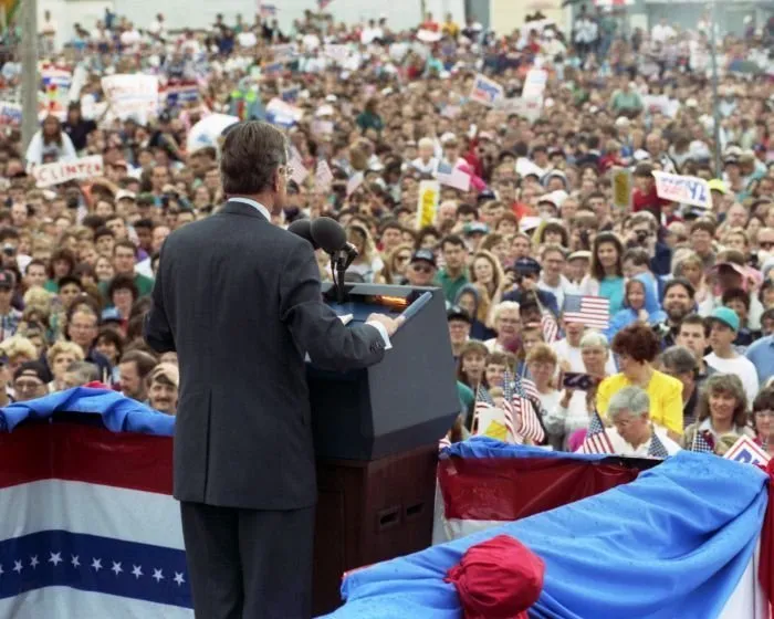 President Bush addresses a crowd in Bowling Green, OH during his whistle-stop campaign