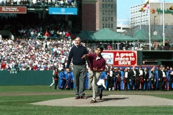 President Bush and George P. throw out first pitch at Orioles Game