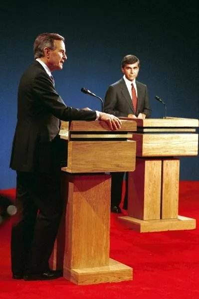 Vice President Bush and Massachusetts Governor Michael Dukakis participate in a Presidential debate