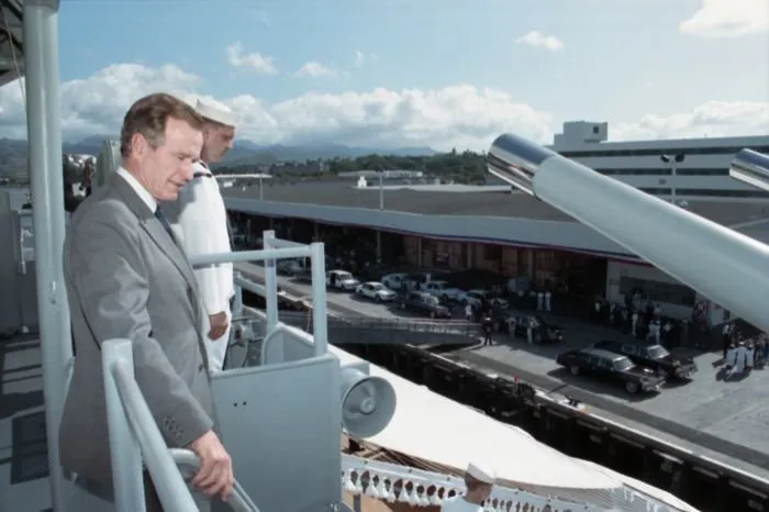 President Bush aboard the USS Missouri at Pearl Harbor on the 50th anniversary of the Japanese attack on Pearl Harbor.