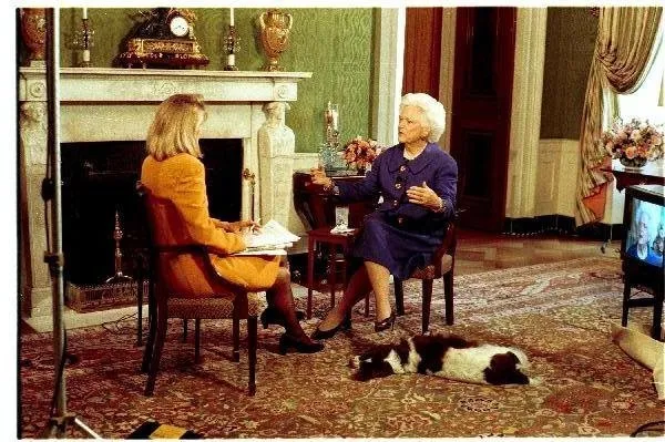 Barbara Bush and Millie are interviewed in Green Room by Paula Zahn of CBS This Morning