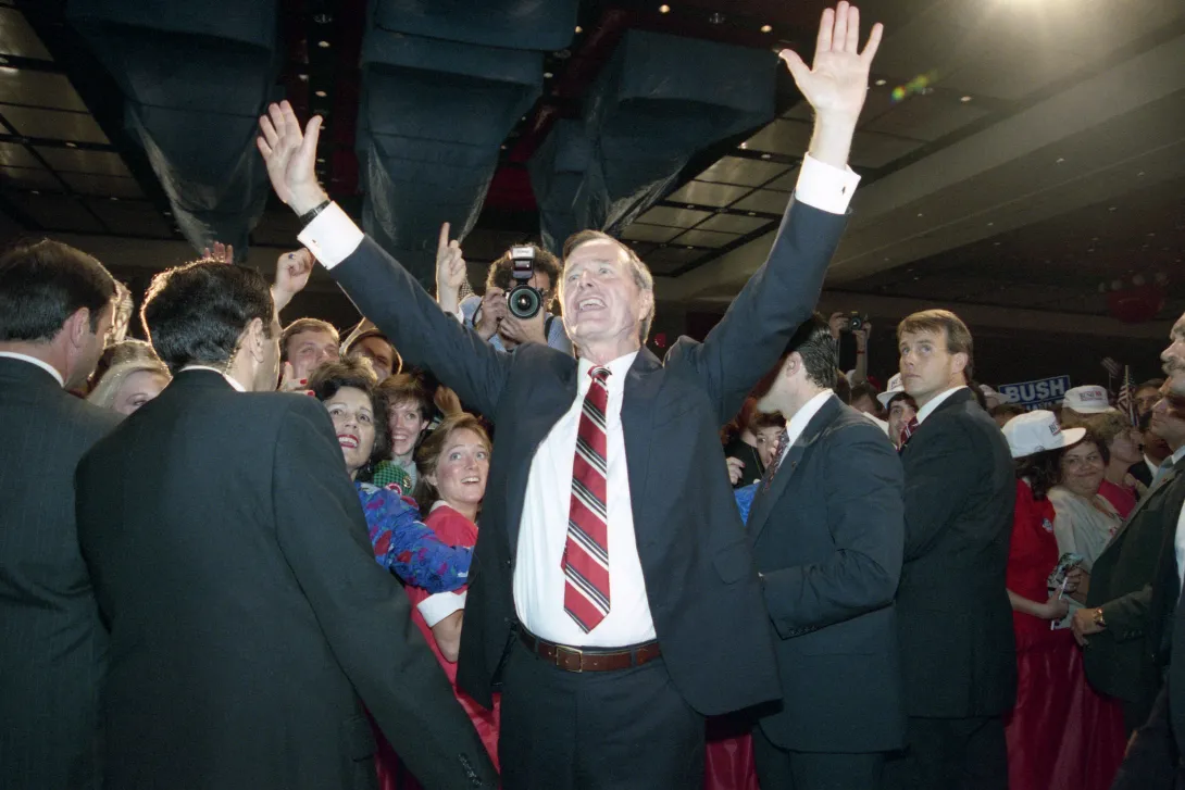 Vice President Bush celebrates his win of the Presidential election with his supporters