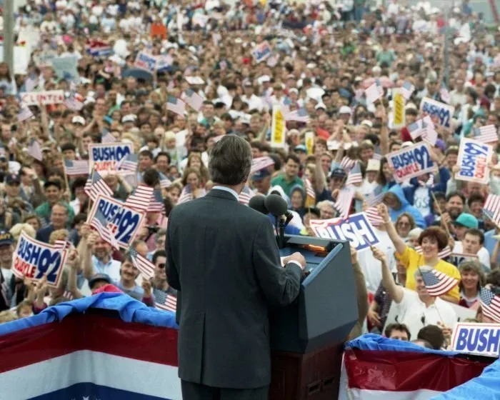 President Bush addresses a crowd in Bowling Green, OH during his whistle-stop campaign
