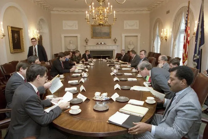 President Bush meets with the National Security Council regarding Congress and Operation Desert Shield
