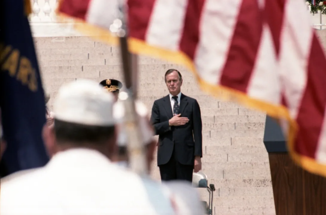 Vice President George Bush participates in a Memorial Day ceremony at the Tomb of the Unknown Soldier in Arlington National Cemetery