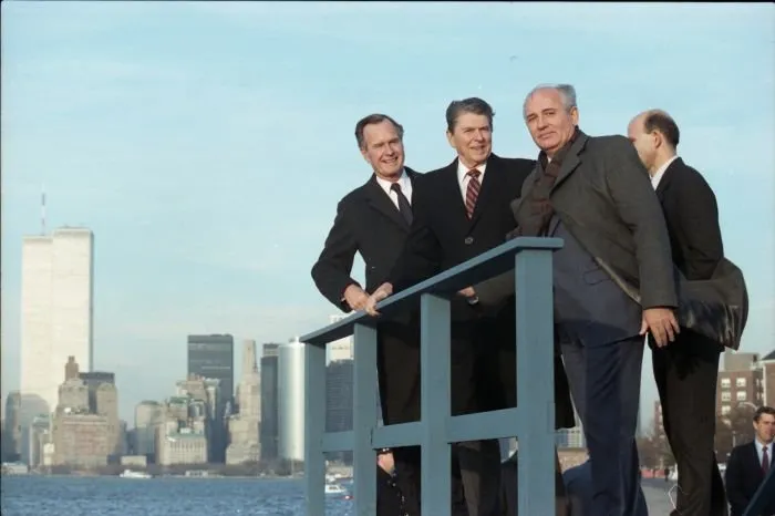 President-Elect Bush, President Reagan, and President Gorbachev at the Governor's Island Summit.  The World Trade Center is visible in the background