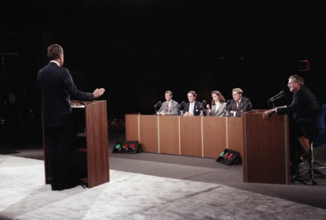 Vice President Bush practices onstage for 1984 Vice Presidential Debate between himself and Geraldine Ferraro, held in Philadelphia, Pennsylvania