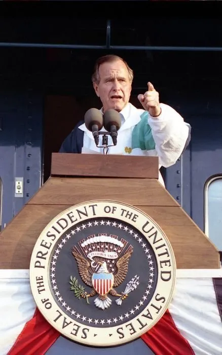 President Bush addresses the people of Burlington, NC during the Whistle-Stop Campaign