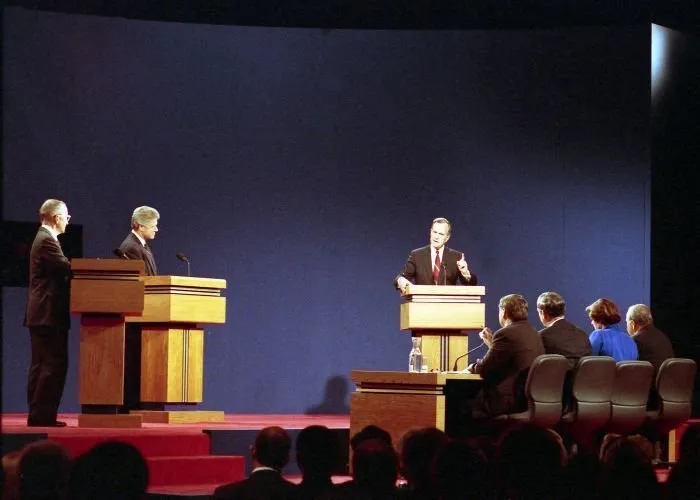 President Bush, Governor Clinton, and Ross Perot during the first Presidential Debate in St. Louis