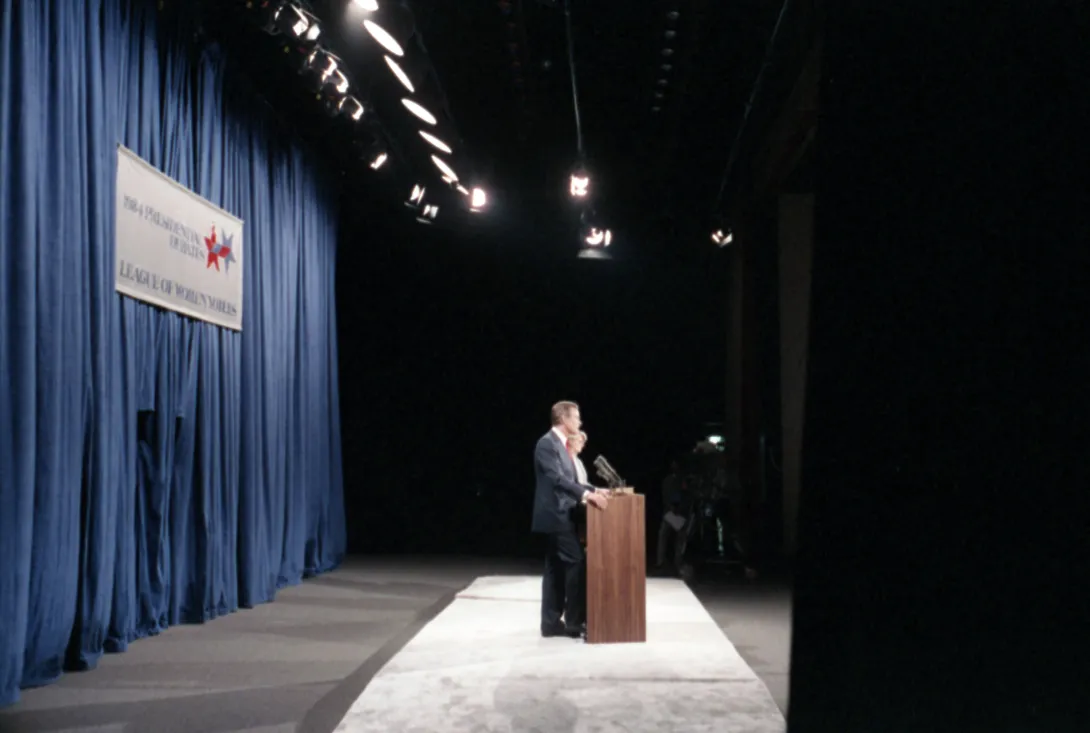 Vice President Bush and New York Congresswoman Geraldine Ferraro engage in the 1984 Vice Presidential Debate in Philadelphia, Pennsylvania