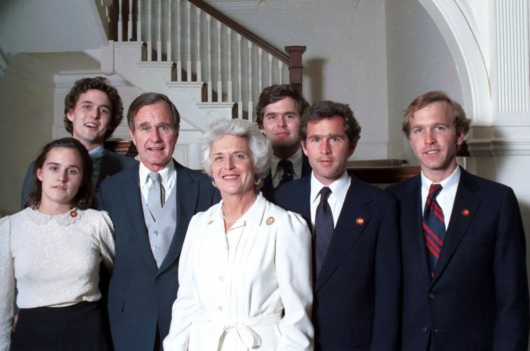 Vice President George H.W. Bush and his family (l to r: Doro, Marvin, George H.W., Barbara, Jeb, George W. and Neil) host a post inaugural family reception at the Vice President's Residence on the grounds of the US Naval Observatory, Washington, DC