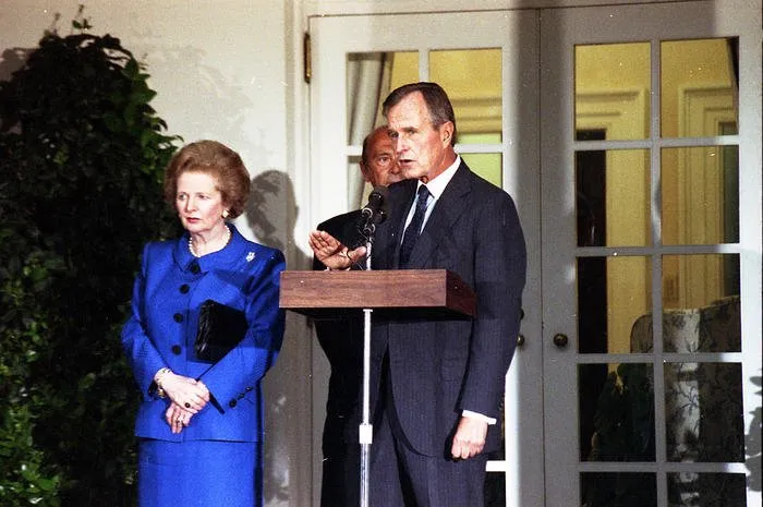 President Bush, British Prime Minister Margaret Thatcher, and NATO Secretary General Manfred Woerner make statements to the press regarding Iraq's invasion of Kuwait